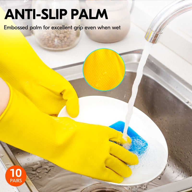 Vgo... 10-Pairs Reusable Household Gloves, Rubber Dishwashing gloves, Extra Thickness, Long Sleeves, Kitchen Cleaning, Working, Painting, Gardening, Pet Care (Size XL, Yellow, HH4601) - Image 5